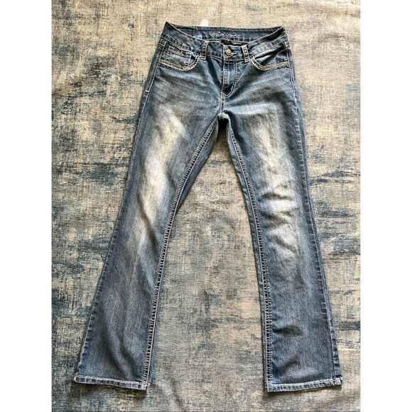 Wired Heart Light Wash Rhinestone Embroidered Boot Cut Jeans 29" - Picture 1 of 6